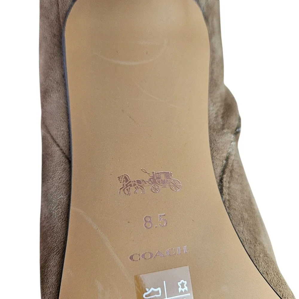 COACH Suede Peep Toe Ankle Booties‎ Taupe Gold Accent Heel Zip Size 8.5B